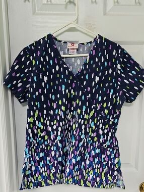 White Cross Navy Multi-Dot Wrap Scrub Top